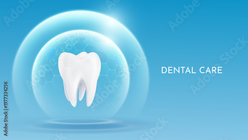 3D realistic vector healthy glowing tooth. Dental care, protection and whitening. Dental care, taking care of teeth. Dental servises. Dentistry, Orthodontic concept. 3D Tooth with shine backgroud