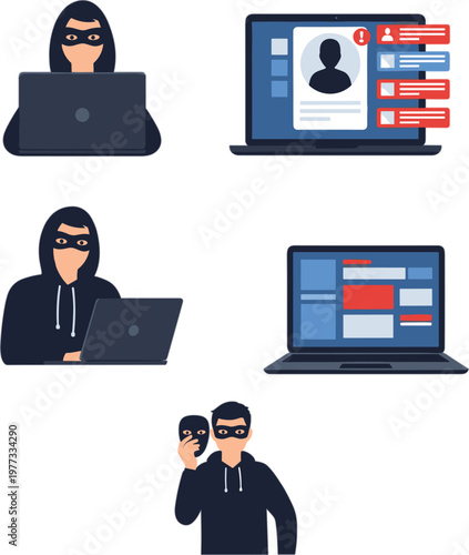 Cyber crime hacker character set with masked anonymous man using laptop for identity theft phishing and digital fraud attac