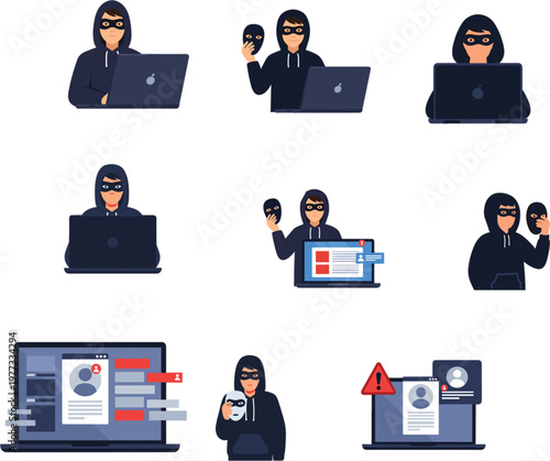 Cyber hacker character set with masked anonymous men using laptops for identity theft phishing fraud and digital security data breach
