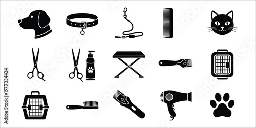 Black silhouette icons of pet grooming tools and animal faces