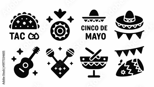 Minimalistic black and white silhouette icons celebrating cinco de mayo with tacos maracas sombreros and festive decorations