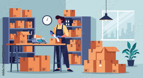 Warehouse Worker Organizing Boxes and Inventory.