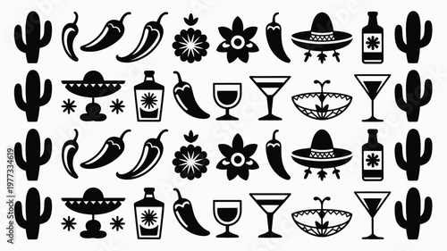 Mexican themed silhouette collection featuring cacti peppers sombreros and tequila bottles with intricate details