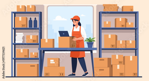 Warehouse Worker Managing Inventory with Laptop.