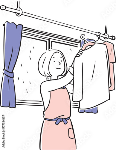 雨の日に室内干しをするお母さん_2色