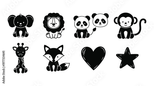 A collection of adorable black silhouettes features baby animals a heart and a star arranged on a white background high quality