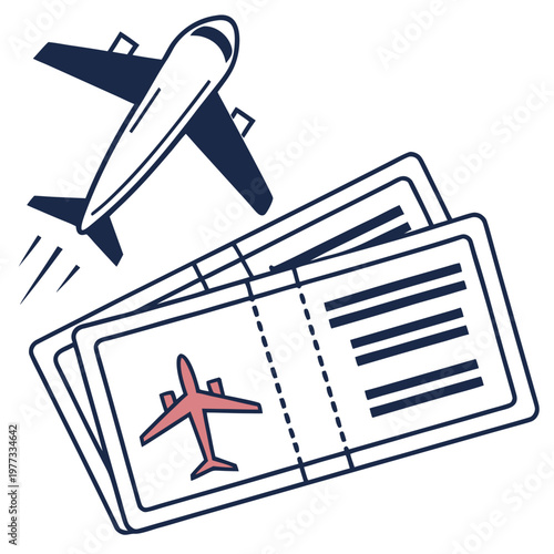 A vector graphic illustration of an airplane flying over a stack of airline tickets