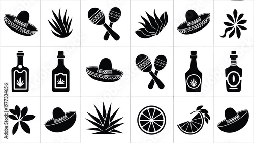 Mexican culture inspired vector silhouette set featuring tequila bottles lime slices agave plants sombreros maracas and decorative elements arranged in black and white minimalist