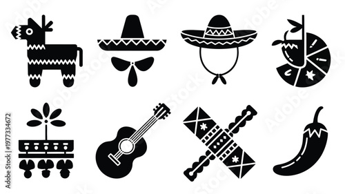 Bold silhouette icons of mexican culture including piata sombrero maracas guitar trumpet chili pepper and decorative tiles