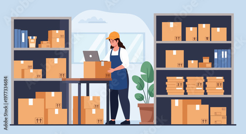 Warehouse Worker Organizing Packages with Laptop.