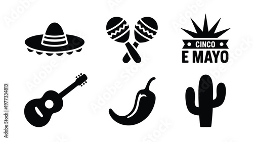 Cinco de mayo celebration silhouettes featuring a sombrero maracas guitar chili pepper cactus and festive text on a minimalist white background