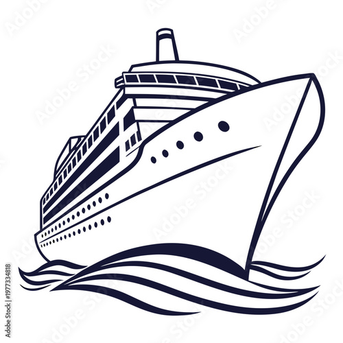 A minimalist vector graphic illustration of a cruise ship sailing on wavy waters