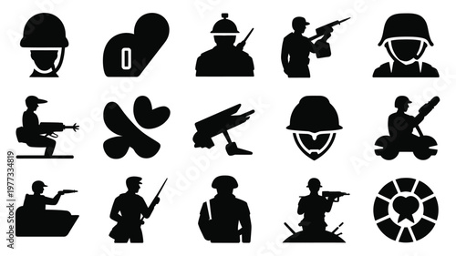 Black silhouette icons of soldiers in action poses with helmets weapons and tactical gear for military and defense themes