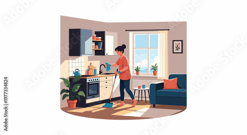 Woman Cleaning Kitchen with Mop and Bucket.