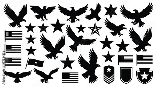 Silhouettes of eagles flying with stars flags and military insignias on a clean vector illustration sheet