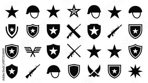 Military themed black silhouette icons in a uniform grid featuring stars helmets shields swords and rifles for defense and security concepts