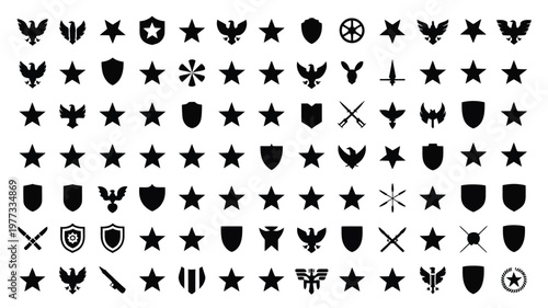 Black silhouette military insignia collection with stars shields eagles and crossed swords on white background