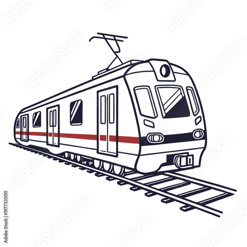 A modern train traveling on railroad tracks in a vector graphic illustration