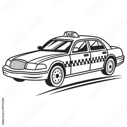 A black and white vector illustration of a taxi cab with a checkered side panel and a lit roof sign