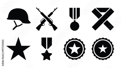 Military silhouettes featuring a helmet rifles medals stars and ribbons in a bold minimalist design perfect for veteran tributes national holidays or defense themes
