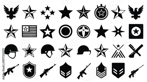 Military vector silhouettes bundle stars badges rifles helmets and insignia in bold black isolated on white