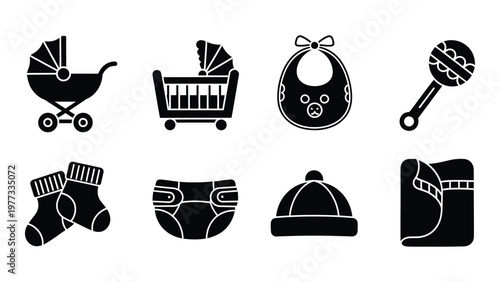 A collection of black silhouette icons depicting various baby items including a pram crib bib and clothing high quality professional detailed