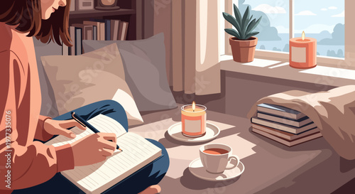 Woman Relaxing with Book and Coffee.