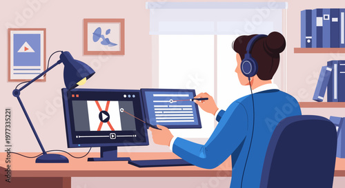 Woman Wearing Headphones Working on Computer.