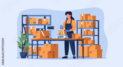 Woman Working in Warehouse with Cardboard Boxes.