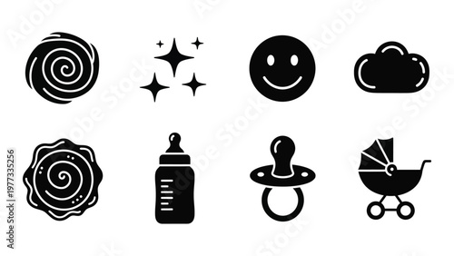 A collection of simple black glyph icons depict baby related items such as rattles pacifiers and a stroller high quality professional