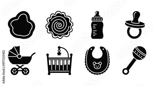 A collection of black silhouette icons depicts various baby essentials including toys feeding items and nursery objects high quality professional detailed