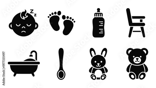 A collection of simple black icons depicting baby related items such as a sleeping infant bottle and toys high quality professional