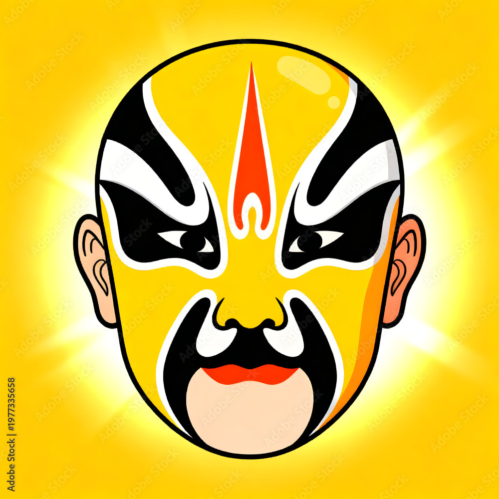 Obraz premium Chinese opera mask with yellow base, black and white patterns, red flame design on forehead