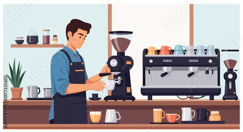 Barista preparing coffee in a coffee shop.