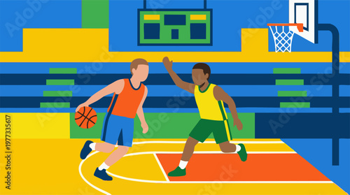 Basketball Game Illustration with Two Players on a Vibrant Court