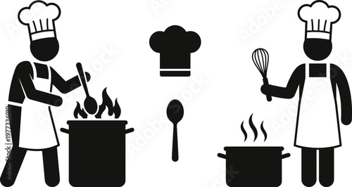 Chef icons, cooking silhouettes, culinary vector set, kitchen design, chef hat, apron illustration, pot whisk spoon, restaurant food preparation art