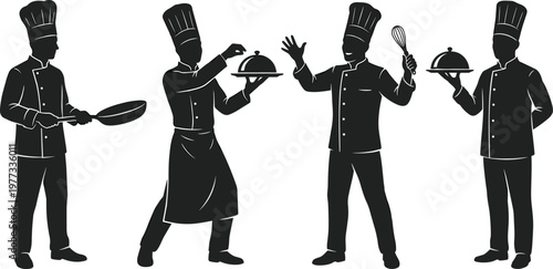 Chef silhouette icons, cooking illustration, frying pan symbol, serving dish vector, whisk utensil design, culinary teamwork, professional kitchen staff artwork
