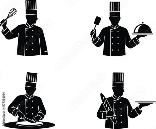 Chef silhouette icons, cooking whisk, spatula serving dish, knife cutting food, baguette bread, professional kitchen, culinary art, restaurant staff, uniform