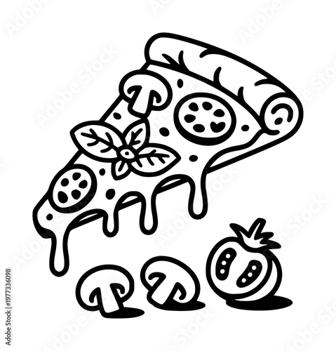 Black and white line slice of pizza with mushrooms, tomatoes, and basil white background