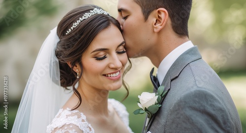 Groom Kissing Bride on Forehead: Romantic Wedding Moment Close-Up. 