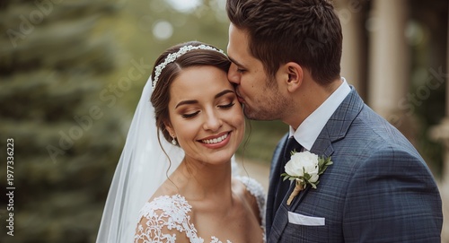 Groom Kissing Bride on Forehead. Romantic Wedding Couple Portrait.