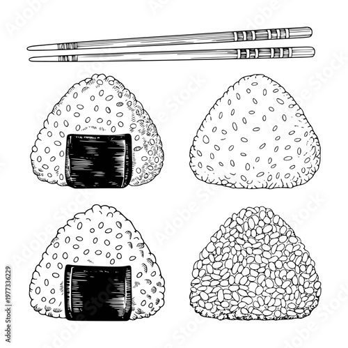 Hand-drawn japanese onigiri rice balls with nori and chopsticks, isolated white food