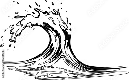 Hand-drawn black ink of a crashing ocean wave with water splashes a white background