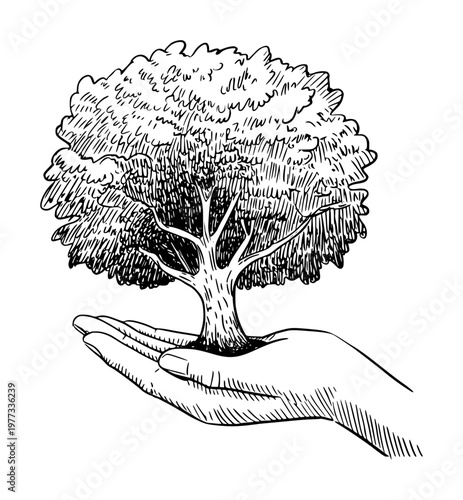 Hand holding a flourishing tree, symbolizing growth, nature, and care in a style