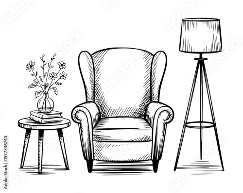 Hand-drawn of a wingback armchair, side table with books and flowers, and tripod floor lamp a white background
