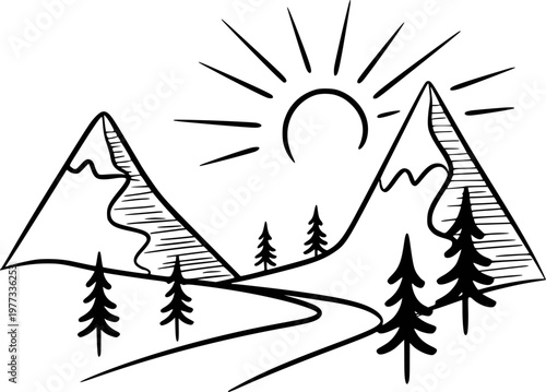 Hand-drawn black and white mountain landscape with sun and trees nature