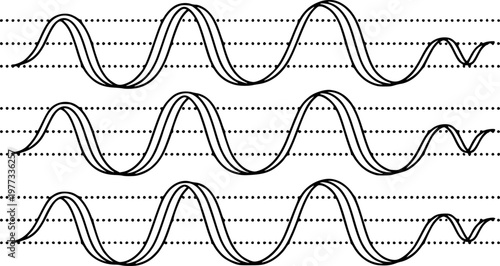 Parallel black wavy lines with triple outlines, superimposed a background, of dotted horizontal lines