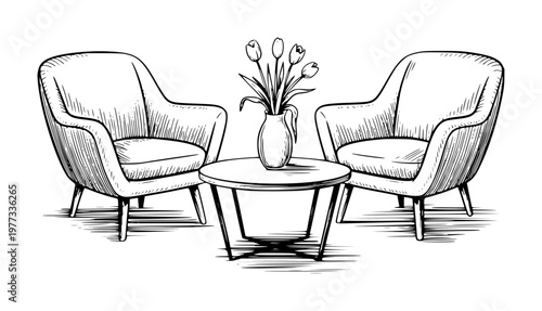Hand-drawn of armchairs flanking a round coffee table with a vase of tulips furniture