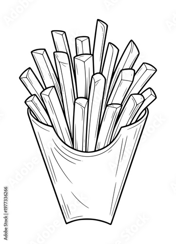 Hand-drawn black and white french fries in paper container, isolated white background