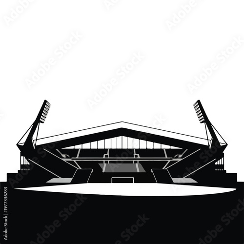 A minimalist silhouette of a futuristic soccer stadium with sharp geometric architecture. Bright, high-contrast lighting creating bold shadows against a pristine white background. Minimalist